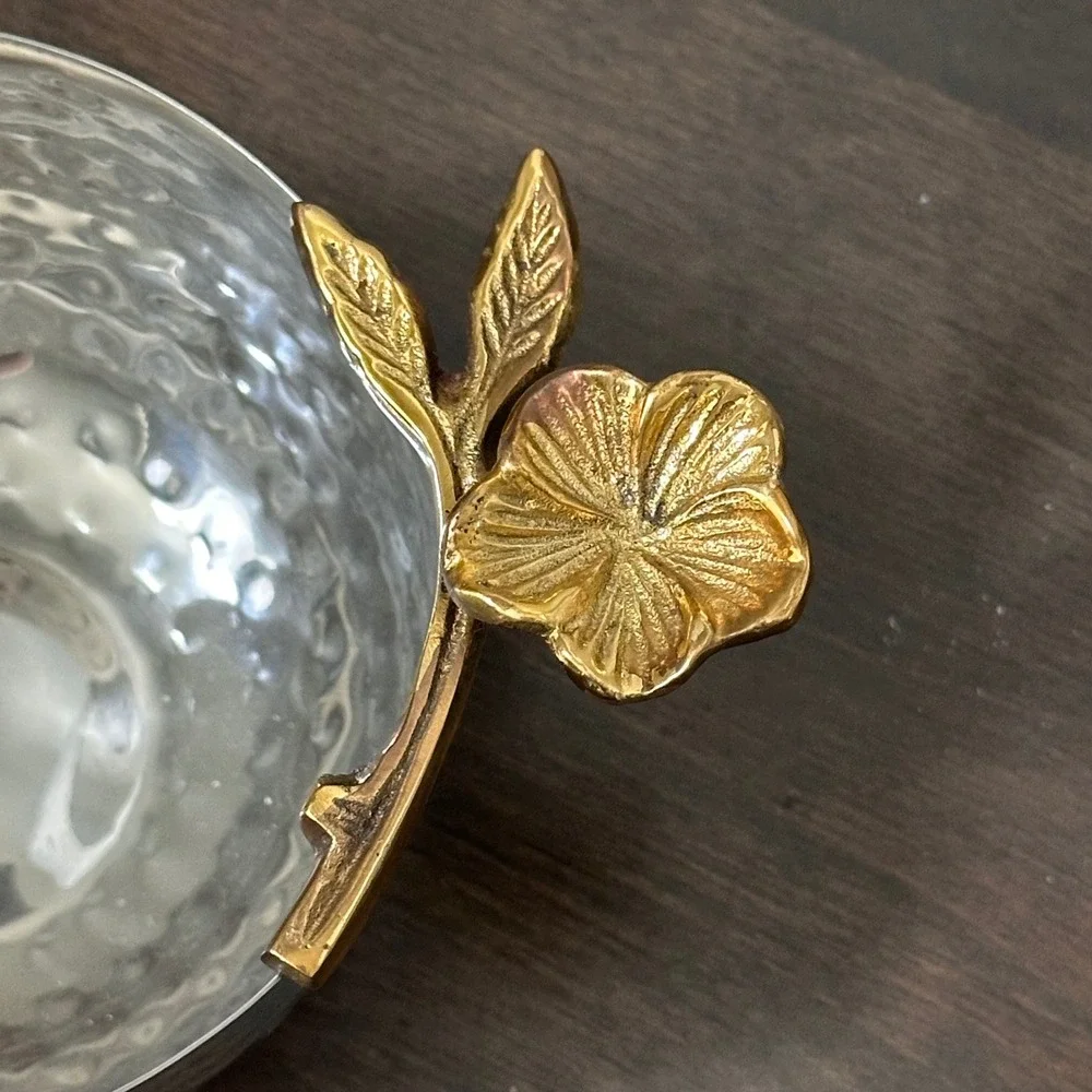 Hammered Silver Tone Metal Bowl with Gold Tone Flower Handle Made in India